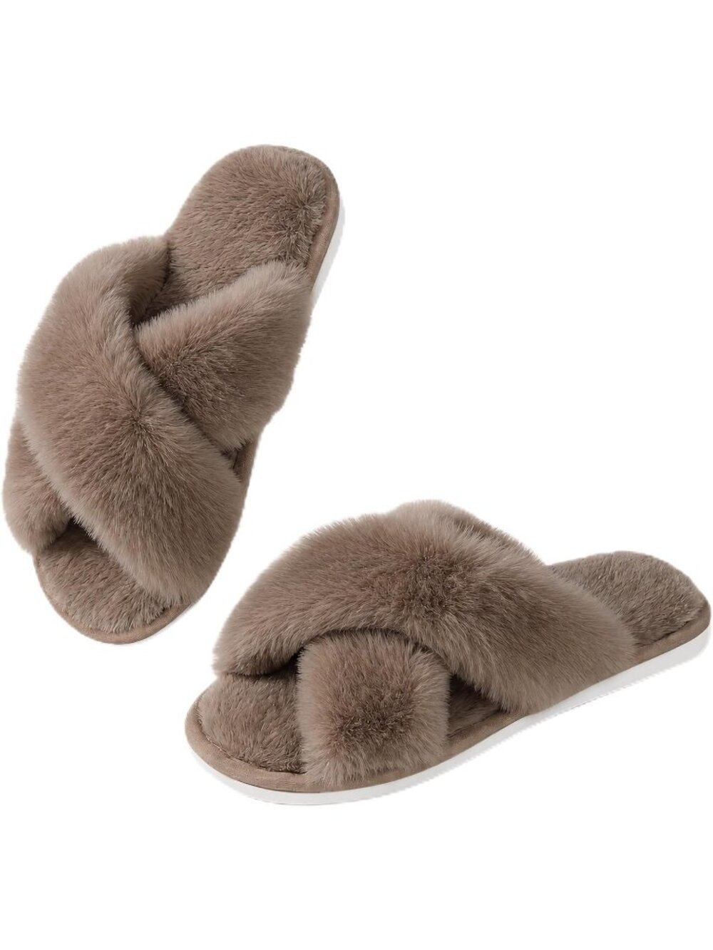 Women Grayish Coffee Cross Band Memory Foam Open Toe Comfy Fuzzy Indoor Slippers